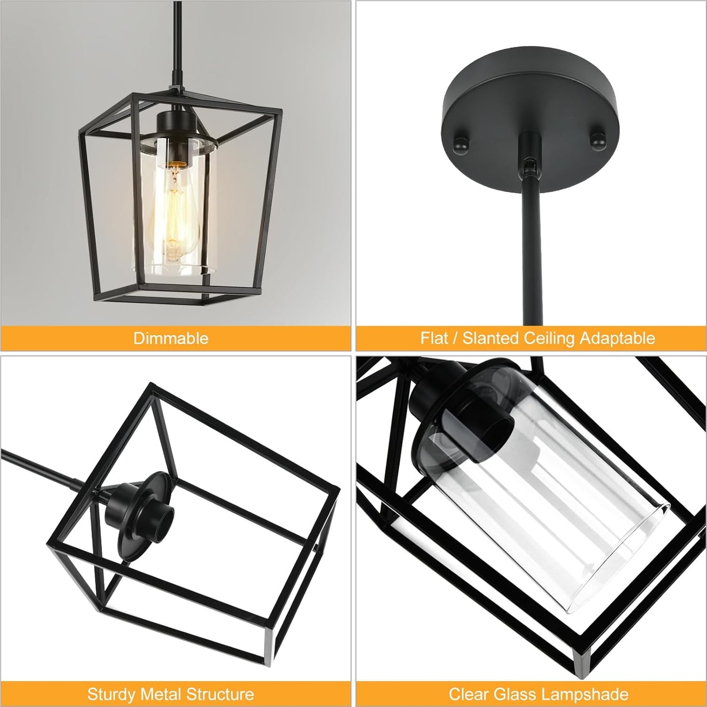2 Pack 1-Light Black Pendant Lights for Kitchen Island, Farmhouse Metal Pendant Light Iron Cage Hanging Light Fixtures with Clear Glass Shade for Dining Room, Entryway, Hallway, Foyer