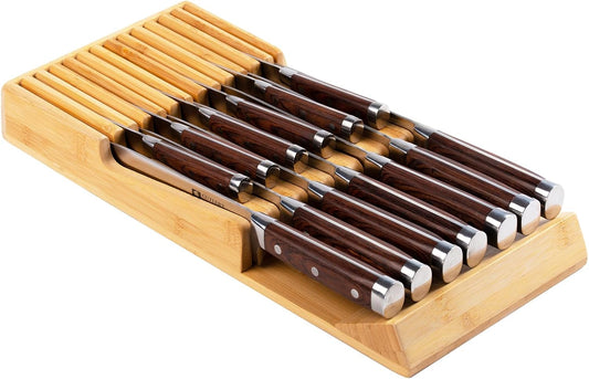 Bamboo Kitchen Drawer Knife Block, In drawer Knife Holder, Knife Drawer Organizer fit for 13 knives