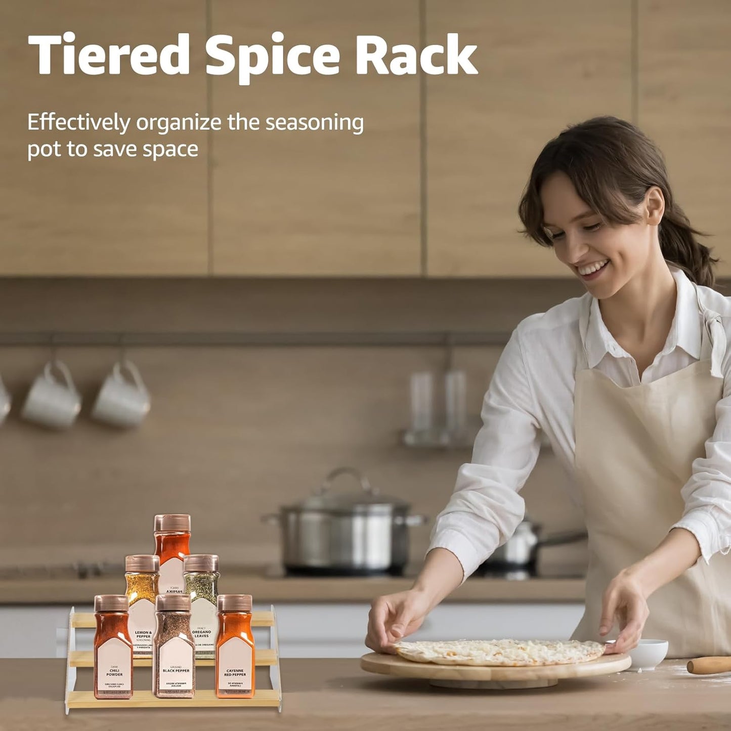 nianfeng Tiered Spice Rack, 3-Tier Spice Pantry Kitchen Cabinet Organizer, 12-Inch, Natural Wood Acrylic Stair Riser Stand, Countertop Seasoning Shelf