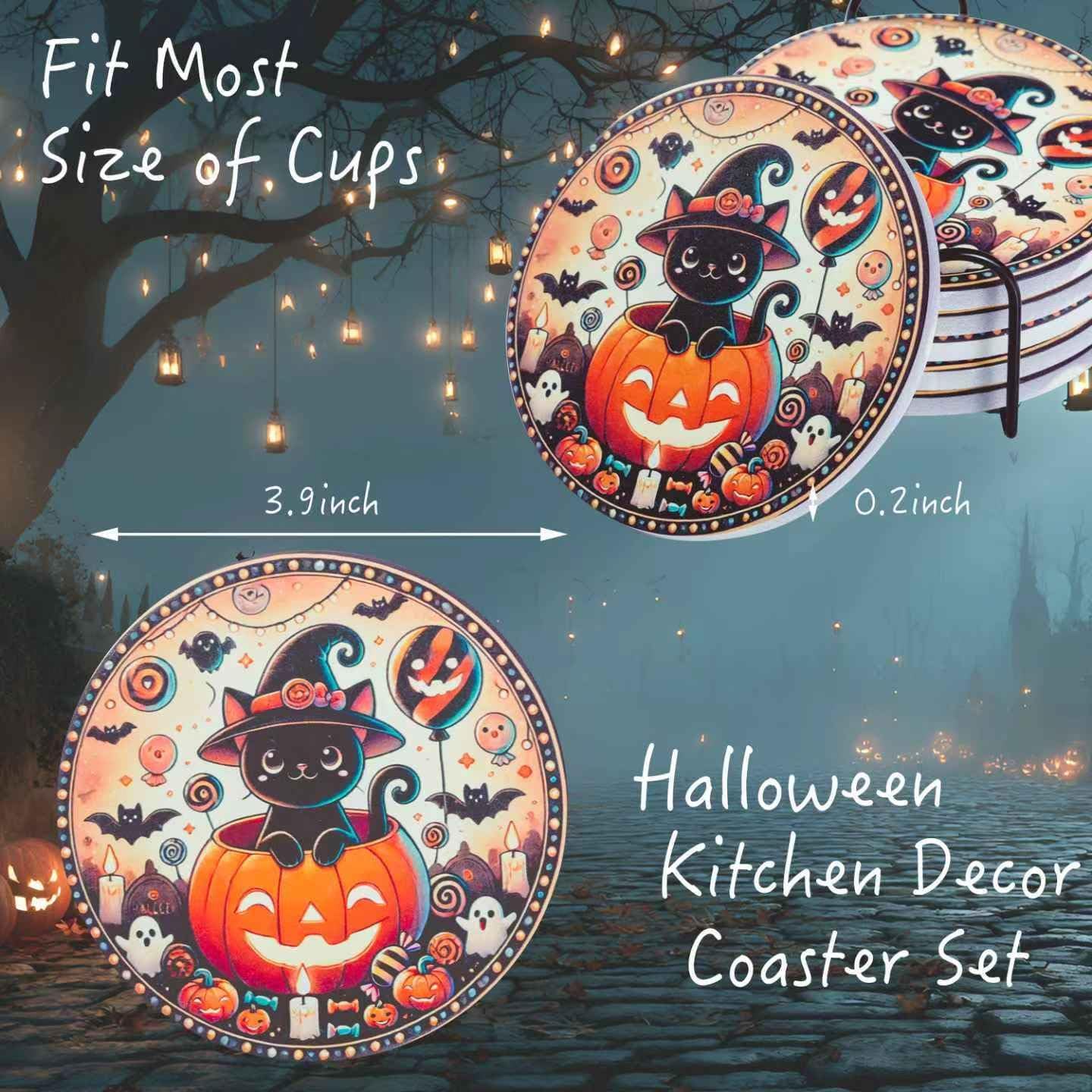 Halloween Ceramic Coasters Set of 6 with Holder – Black Cat in Pumpkin Design – Non-Slip Absorbent Drink Coasters for Halloween Party Decor and Gifts