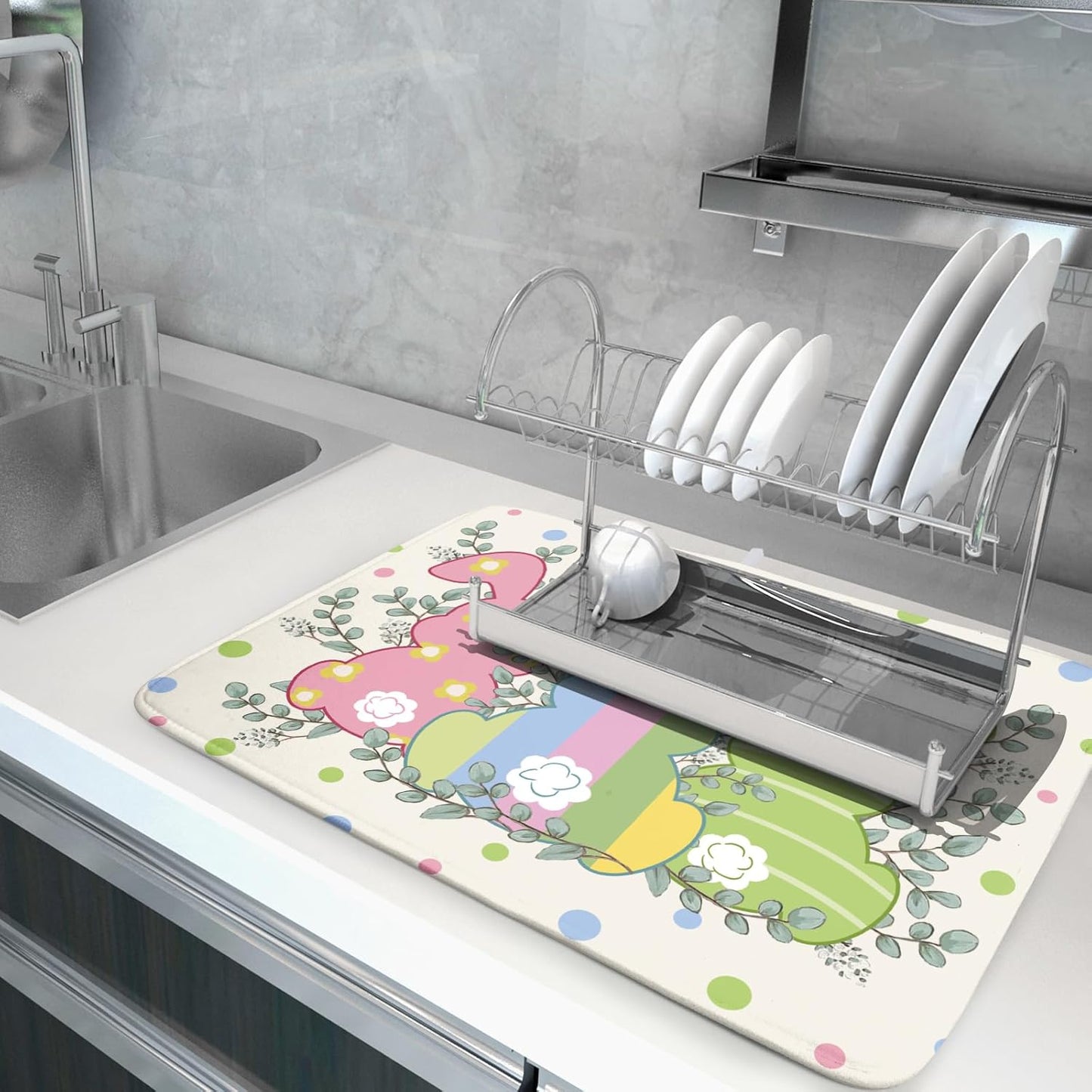 Easter Dish Drying Mat for Kitchen Counter Cute Bunny Rabbit Festival Holiday Seasonal Absorbent Reversible Microfiber Kitchen Countertop Protector Dishes Pad Large 18x24 inch