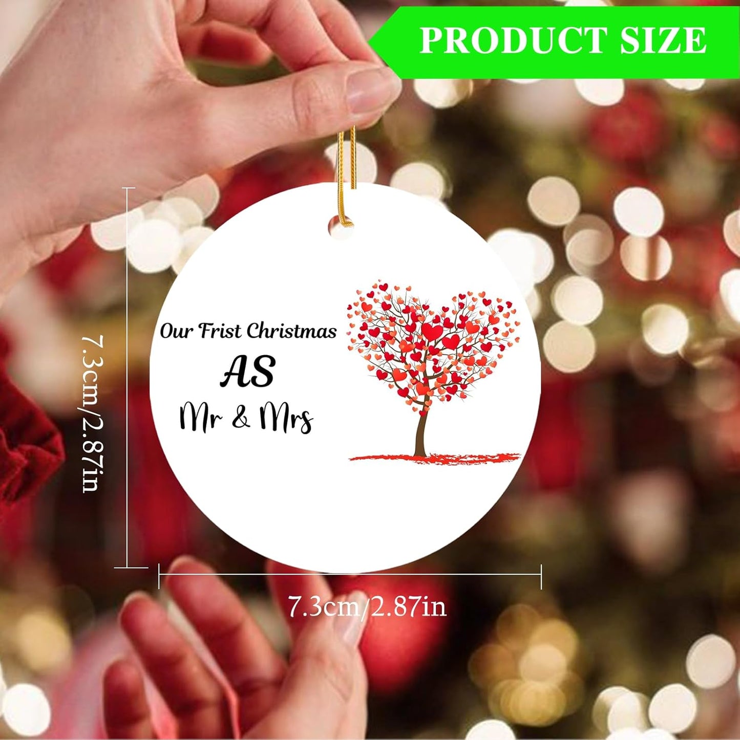 2024 First Christmas Married Ornament, Just Married Mr and Mrs Ceramic Ornament, 2.9 Round Newlywed Wedding Decoration for Couples