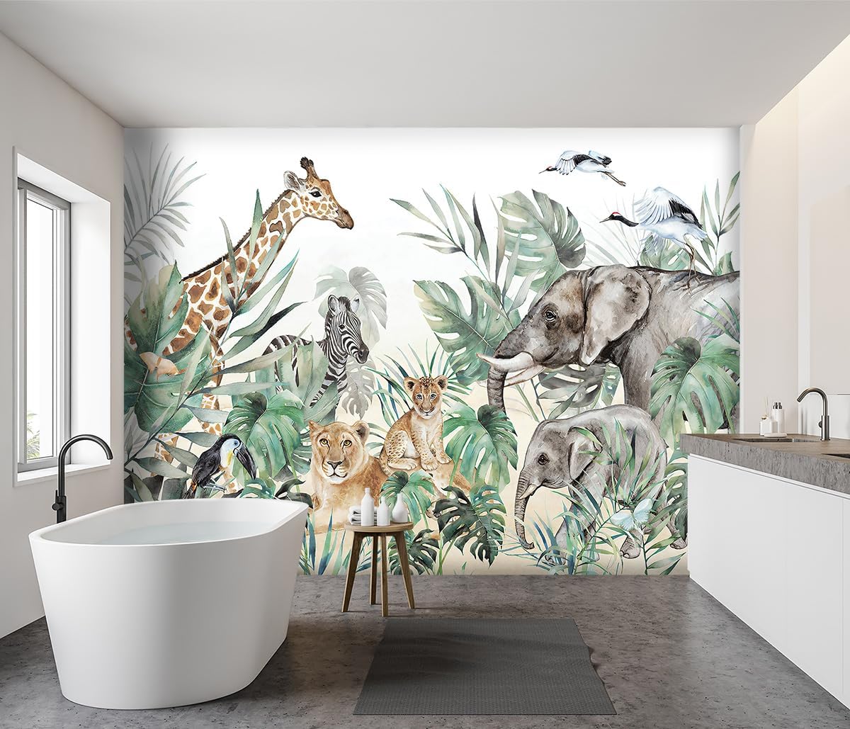 -Tropical Rainforest Plants Animals Tigers Fabric Wallpaper Jungle Plants Banana Leaves Boys Girls Kindergarten Children Bedroom Large Mural- 137"x96"（ not Peel and Stick）