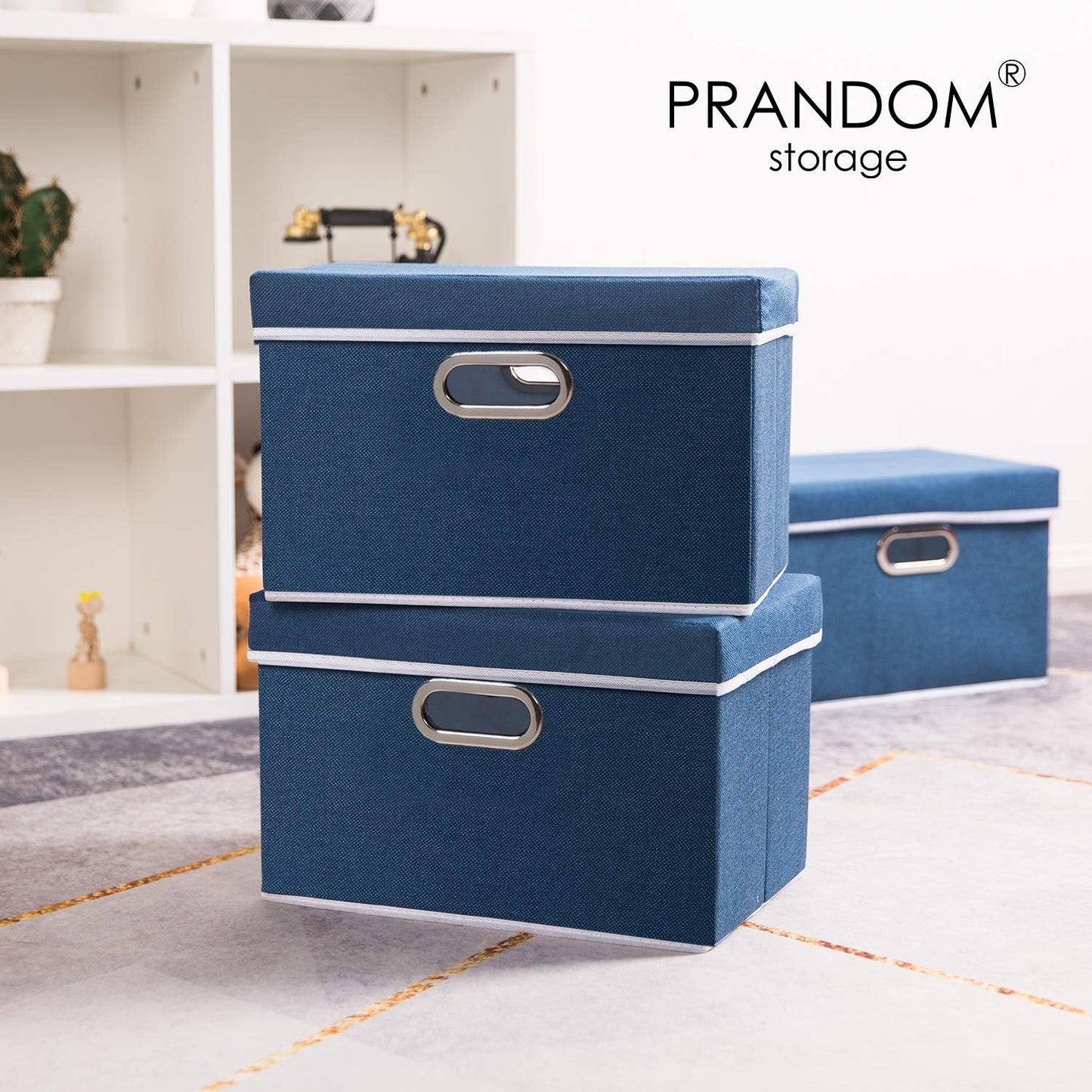 PRANDOM Foldable Storage Bin with Lid [5-Pack] Linen Fabric Decorative Storage Box Organizer Container Basket Cube with Handles Divider for Closet Office Living Room Royal Blue(14.9x9.8x9.8)