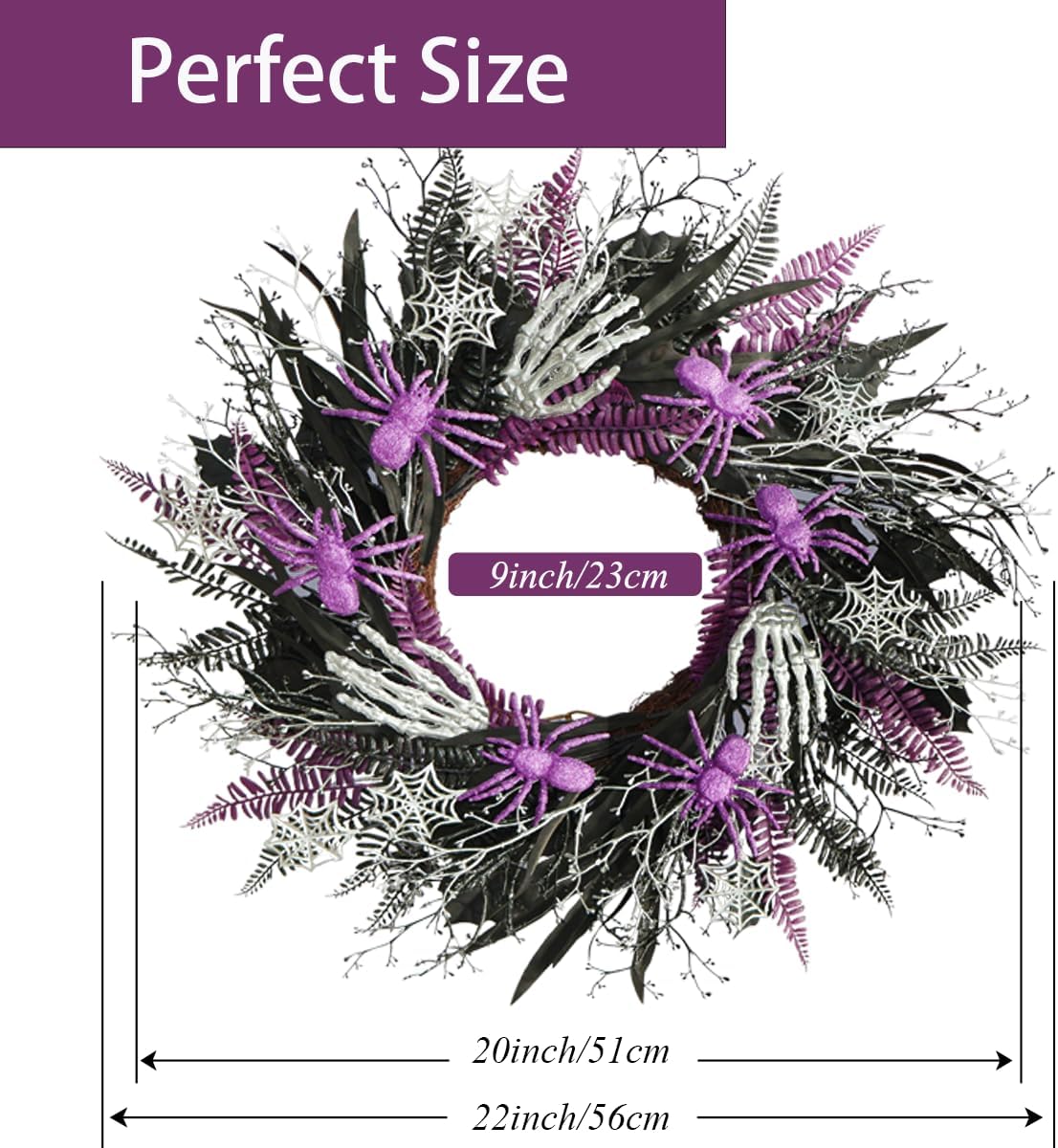 Halloween Decorations, Halloween Wreaths for Front Door 20", Purple Spiders Silver Skeleton Hands Black Leaves Halloween Decor for Doors Porch Wall, Gothic Party Horror Room Decor