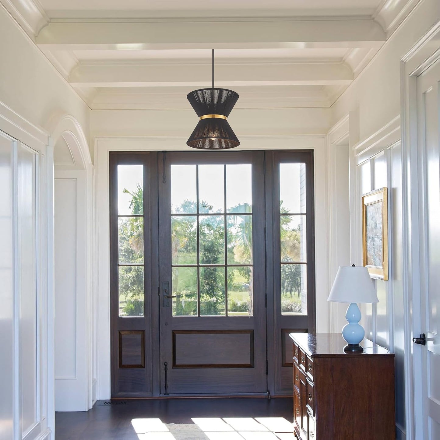 Hand Woven Boho Pendant Light Coastal Mini Modern Chandelier Adjustable Transitional Minimalist Pendant Lighting Fixtures for Kitchen Island Dining Room, Black, Dia 12.2”, UL Listed