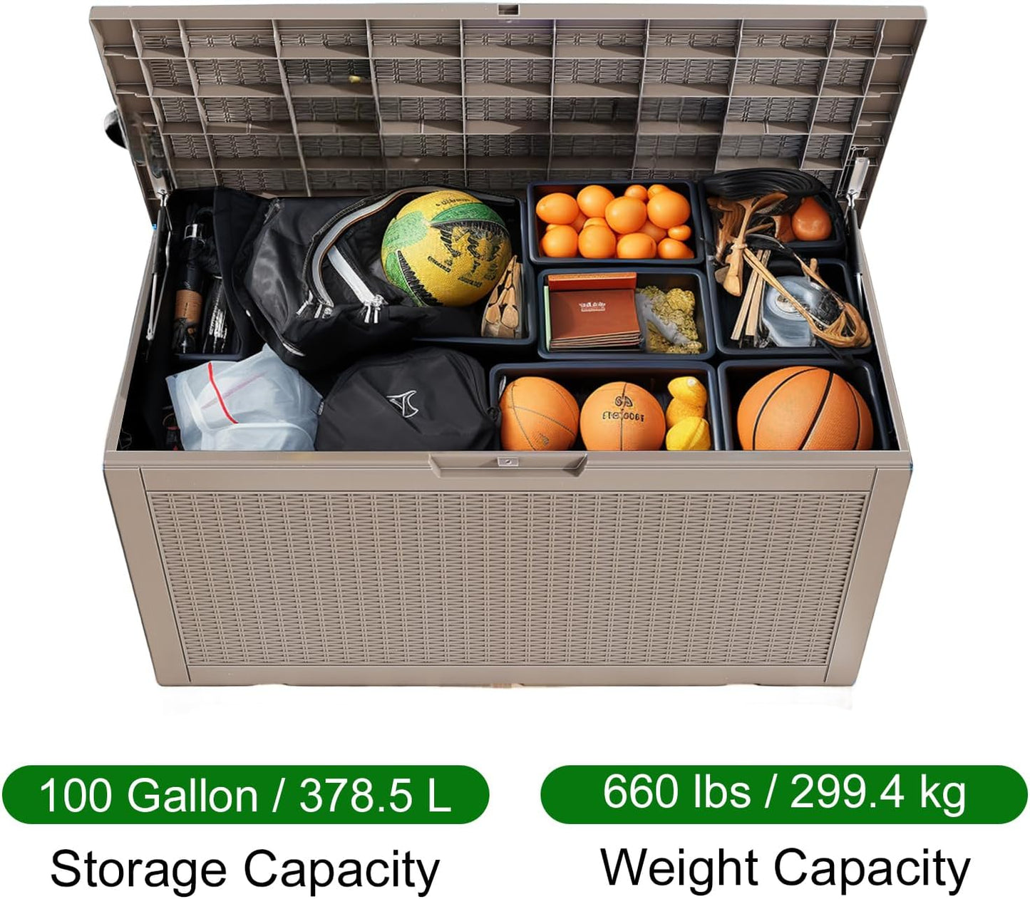 100 Gallon Outdoor Deck Box,Storage Lockable Waterproof Patio Furniture,Garden Tools,Cushions,Pool Accessories Outside Storage Resin Box(Grey)
