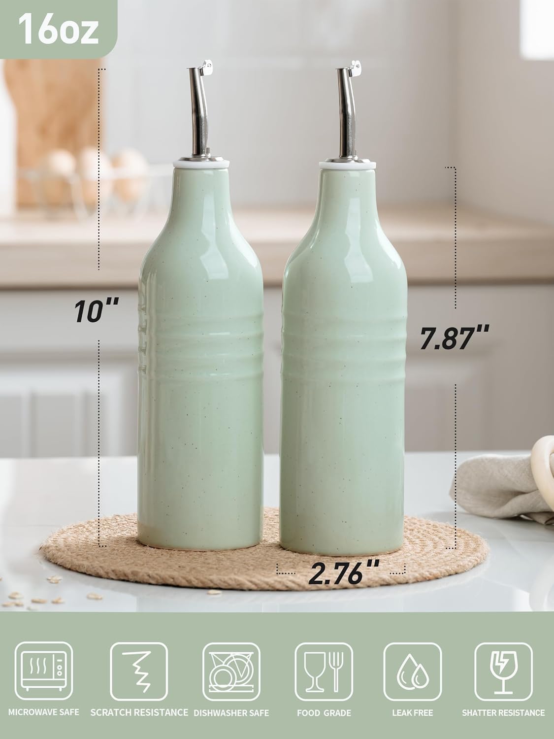 famiware Jupiter 16oz Ceramic Olive Oil Dispenser Bottle, Olive Oil and Vinegar Dispenser Bottle Set of 2 with Stainless Steel Pourers, Suitable for Storage Vinegar, Liquids, Light Green