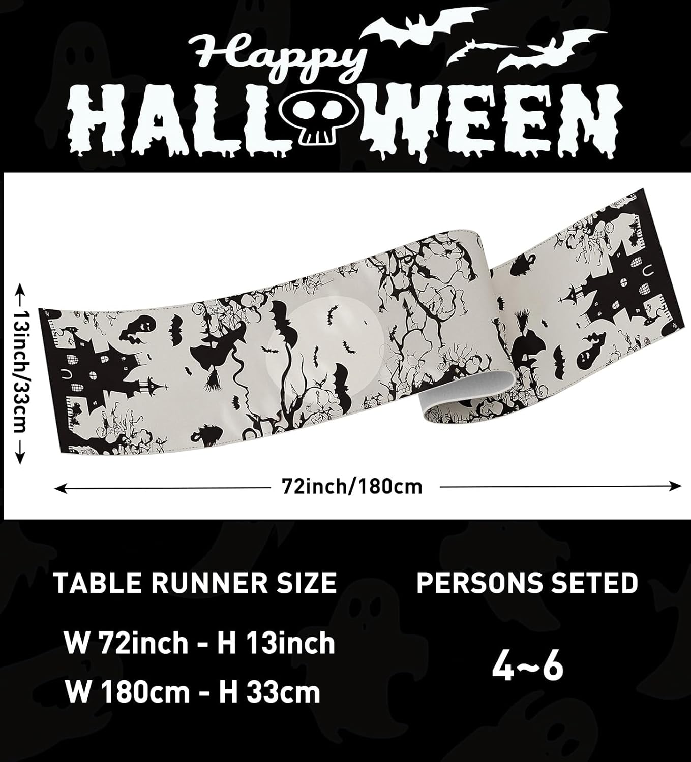 Halloween Table Runner,72 Inches Spooky Haunted House Bats Tree Ghost Witch Table Runner for Halloween, Table Decoration/Party Dinner Table Decor,Kitchen,Mantel,Bedroom Decoration