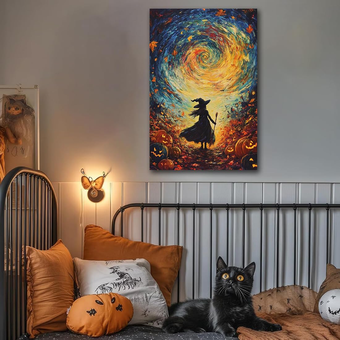 Halloween Autumn Witchy Decor Wall Art Prints,Gothic Witch in Whirlwind Autumn with Pumpkins Scene Pictures Poster,Fall Festival Home Decor Painting Canvas Poster for Bedroom Bathroom,12"x18" Framed