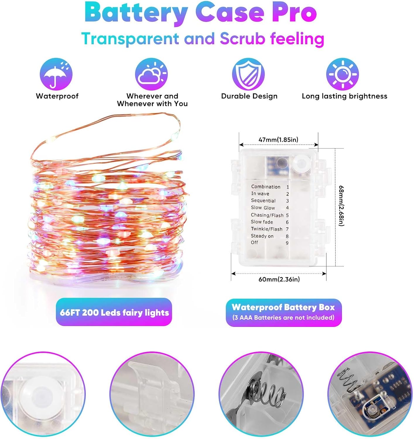 2 Pack 65.6 Ft. Battery Operated Outdoor String Lights with Remote & Timer, LED Multi Color Fairy Lights, Waterproof Twinkle Lights for Bedroom, Dorm, Mason Jar, Wedding, Party, Christmas