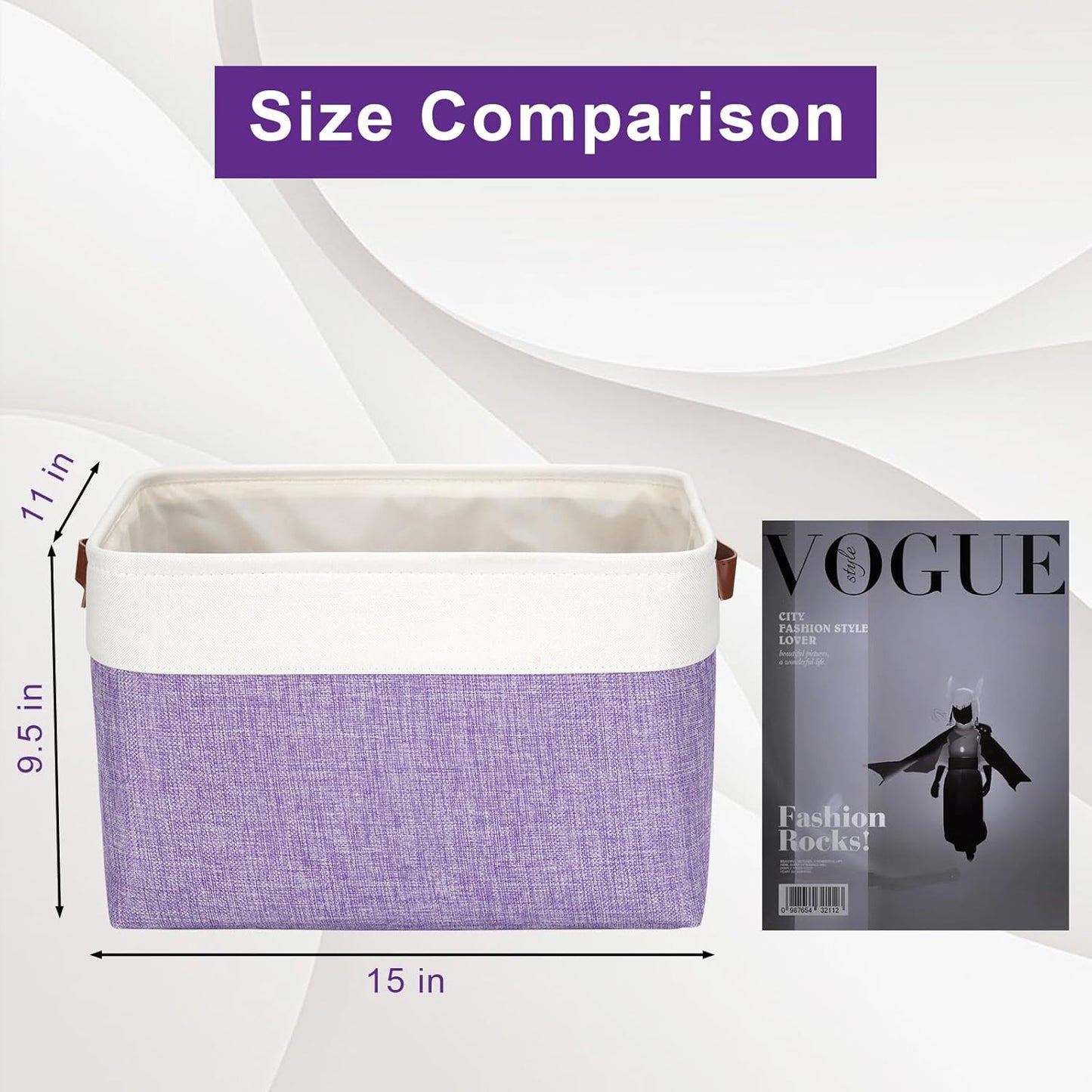 Storage Bins Large Fabric Storage Baskets for Shelves 3 Pack, Decorative Linen Closet Baskets with Handles for Organizing, Shelf, Clothes, Home, Office, 15x11x9.5Inches (Purple&White)