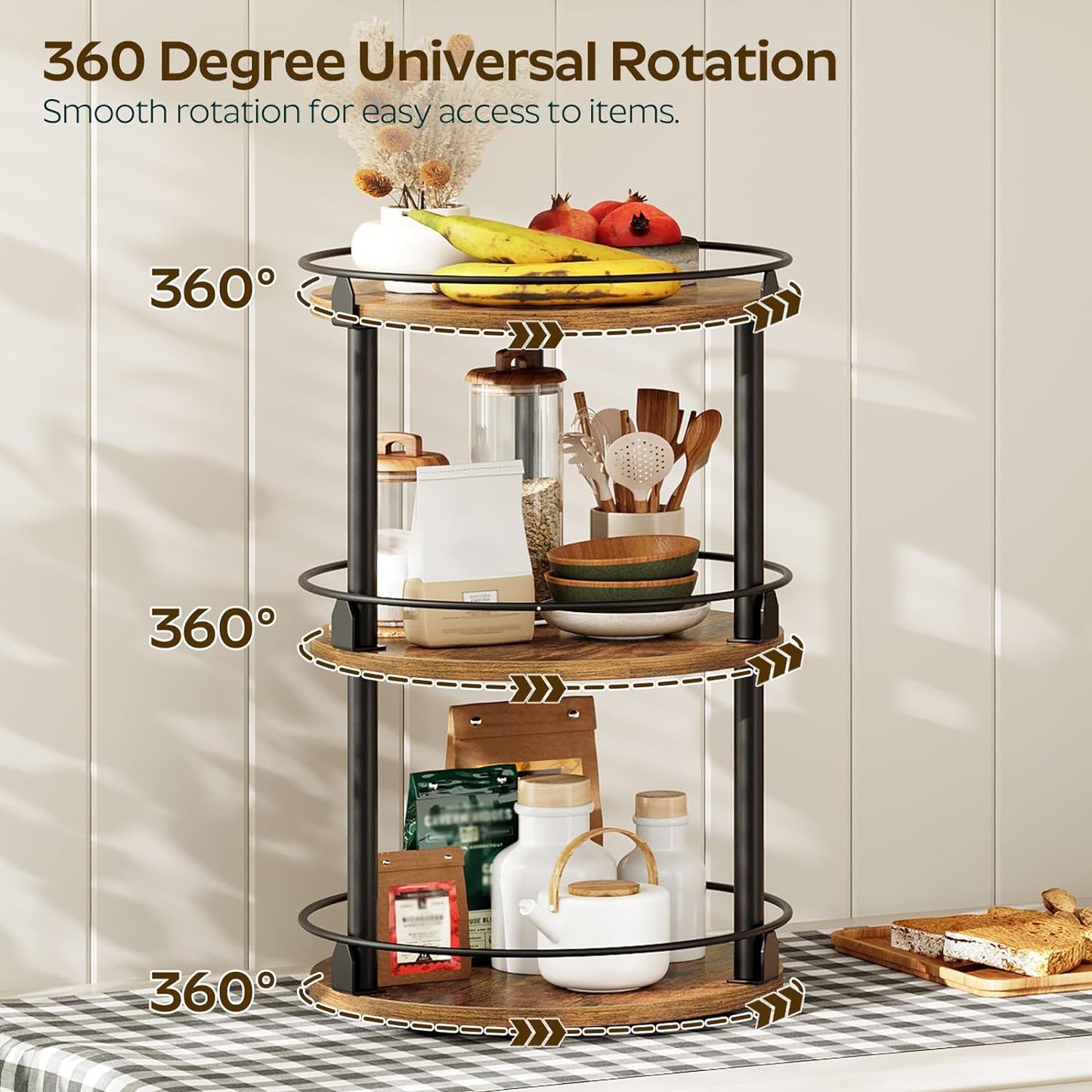 Spice Rack, Set of 2 Lazy Susan Organizer, 3-Tier Turntable Organizer For Cabinet, Compact and Versatile, for Kitchen Countertop, Rustic Brown SR23L2BR