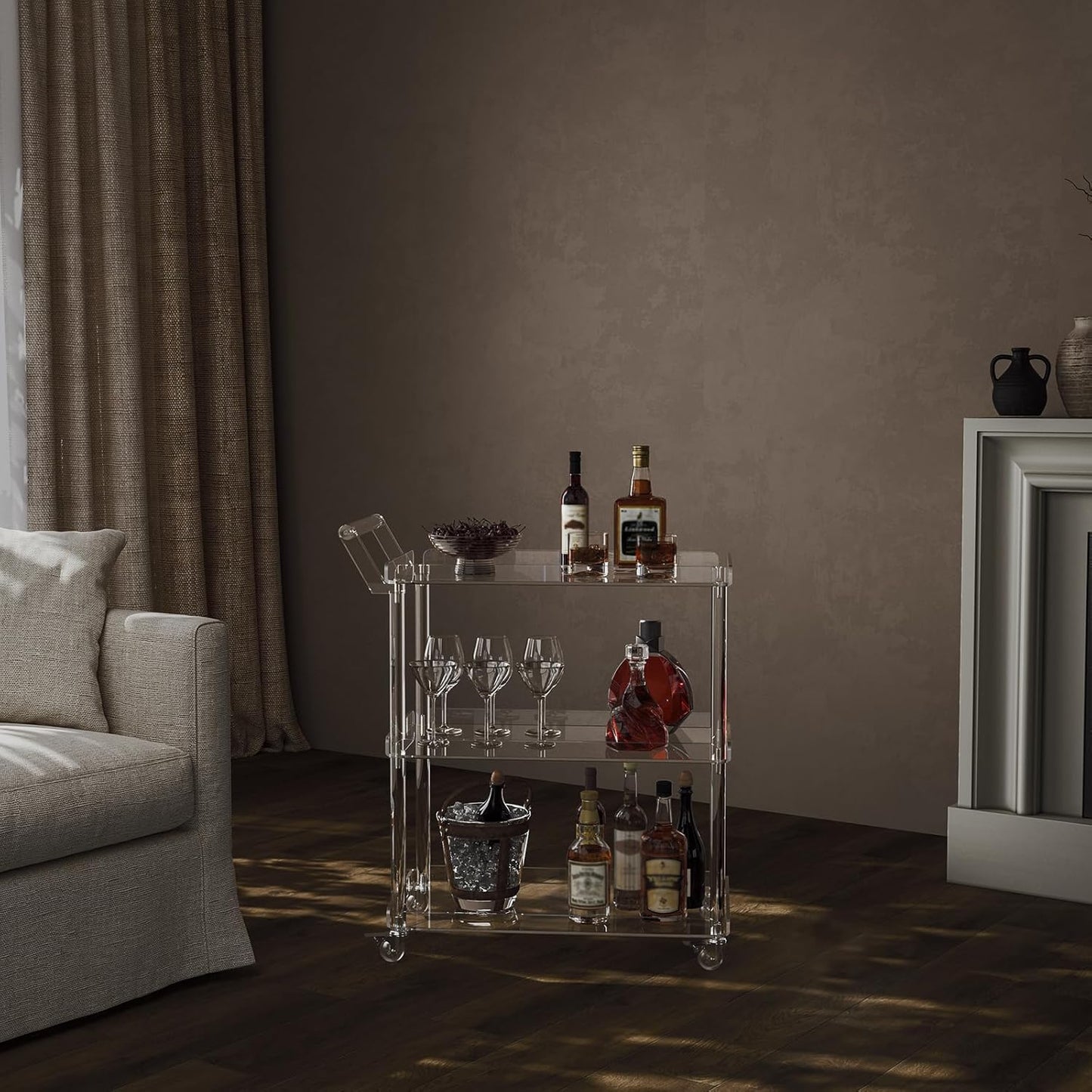 HMYHUM Acrylic Bar Cart with 4 Lockable Wheels, 30.5" L x 15.2" W x 34.5" H, Rolling Serving Cart for The Home Bar, Kitchen, Living Room, with Pulling Handle, Modern, 3-Tier, Clear