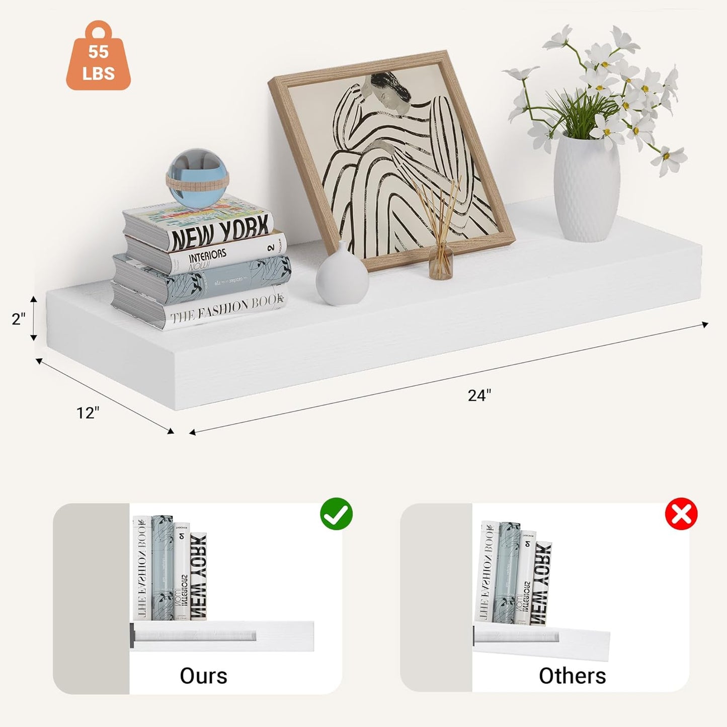 Heimlove 24 x 12 Inch Deep Floating Shelves Wall Mounted with Invisible Brackets,Storage Hanging Shelf for Wall Decor in Bathroom, Bedroom, Toilet, Kitchen, Living Room, Office Set of 1 (White)