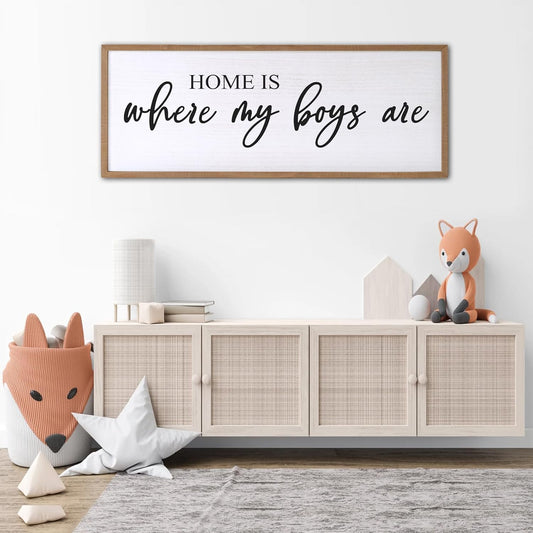 Home is Where My Boys are Sign Framed Wall Art, 32''×12'' Rustic Horizontal My Son Plaque with Natural Frame for Baby Kid Boy Son Teen Toddlers Room, Horizontal Mom of Boys Gifts Nursery Decor