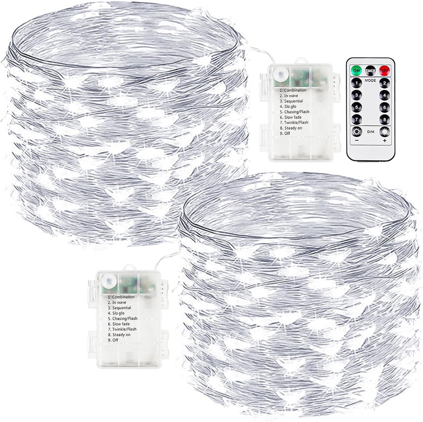 2-Pack Fairy Lights Battery Operated with Remote, Waterproof 33FT 100 LED Battery String Lights Outdoor Indoor, 8 Modes Twinkle Lights with Timer for Bedroom Wedding DIY Christmas Decor (Cool White)