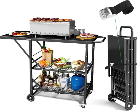 Himix Folding Grill Cart, 3 Tier Outdoor Grill Table with Side, 4 Hooks, Pizza Oven Cooking Prep Table, Portable Outdoor Bar Cart Grill Station