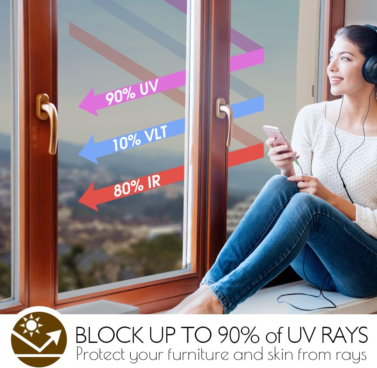 HIDBEA One Way Privacy Window Film, Daytime Mirror Reflective Heat Control UV Sun Blocking Non-Adhesive Static Cling Window Tint for Home and Office (Brown-Silver, 35.4 Inch x 16.4 Feet)