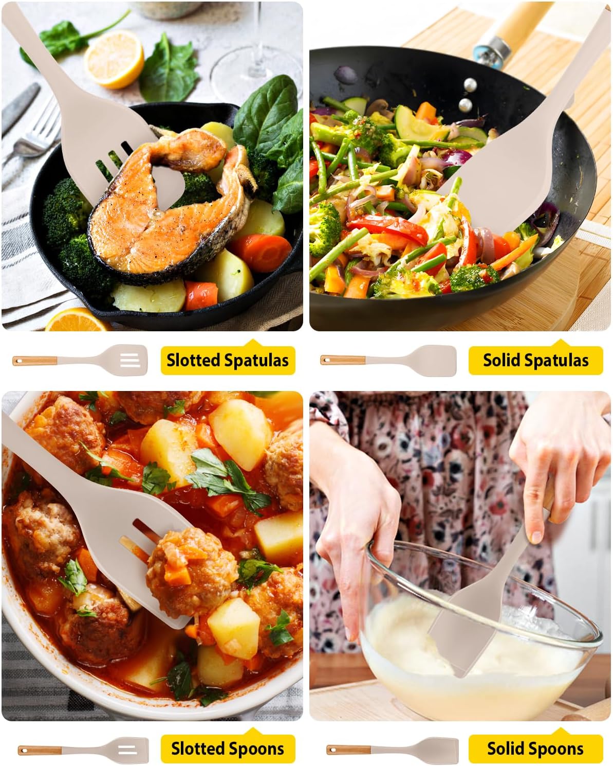Pack of 4 Silicone Kitchen Utensils Set, Non Stick Solid Spatulas and Heat Resistant Slotted Spoons with Wooden Handle, Ideal BPA Free Cooking Utensils for Mixing,Serving,Turning,Stirring(KHAKI)