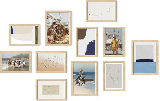 HAUS AND HUES Natural Oak Wood Gallery Wall Tabletop Frames Made with Real American Oak and Shatter-free Plexiglass - Set of 11 (Eight 4x6, Three 5x7, Framed Beige)