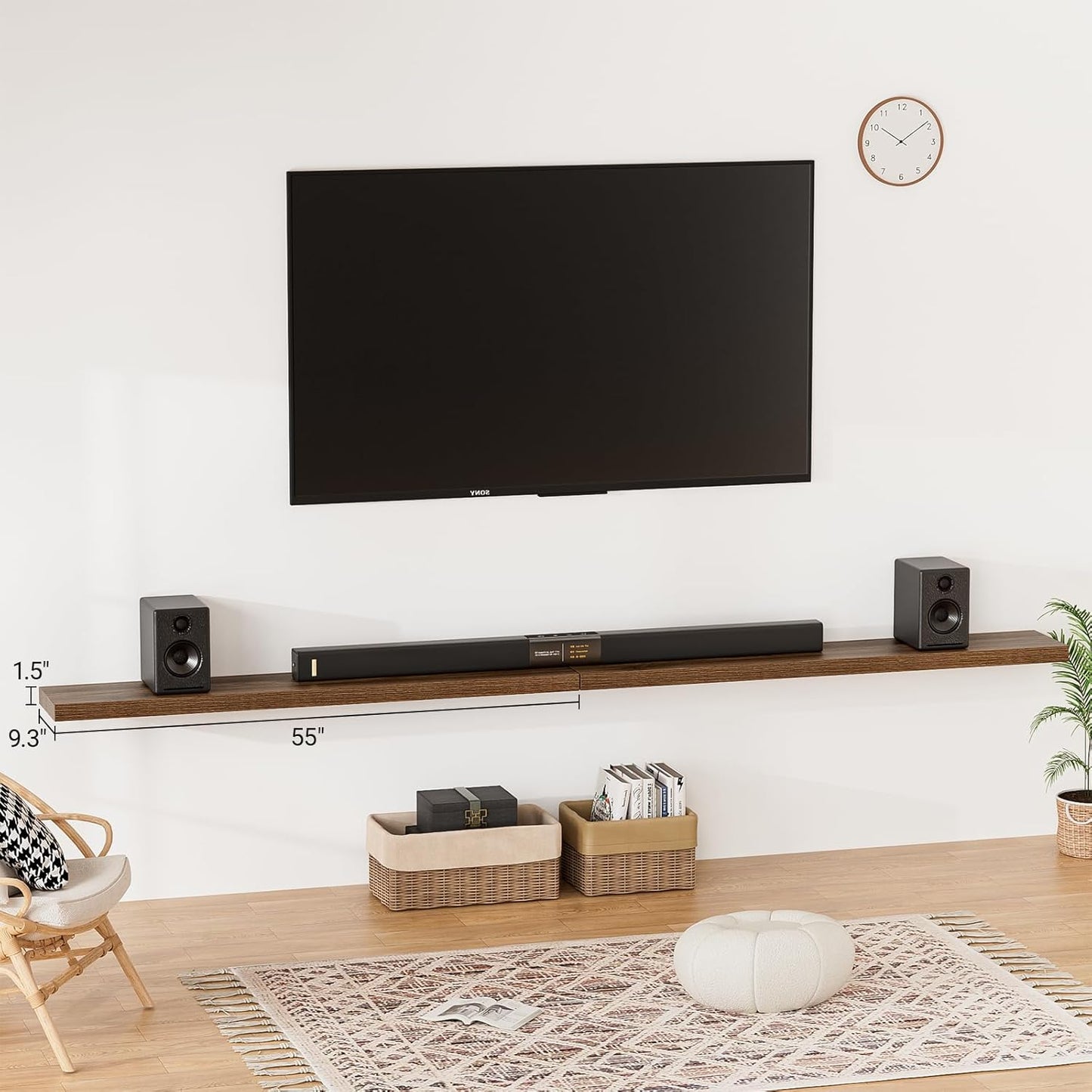 Heimlove 55 Inch Long Floating Shelves for Wall,9.3" Deep Walnut Floating Shelf Set of 2,Large Display Shelf & Storage Shelf,Wall Mounted Shelves for Bedroom Living Room Kitchen Office