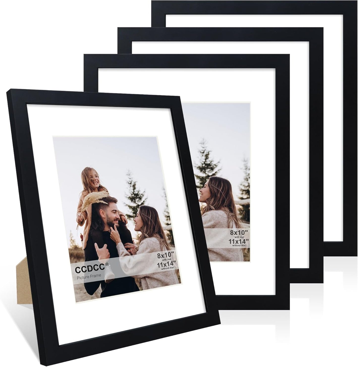 11x14 Picture Frame Set of 4, 11 x 14 Wood Photo Frames with Mat for 8x10, Wooden Frame with Real Glass Cover for Wall and Tabletop Display,Black