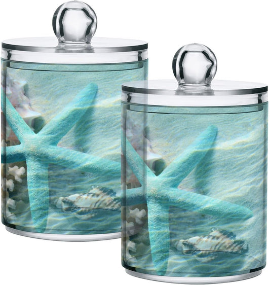 2 Pack Qtip Holder Organizer Dispenser Seashell Starfish Summer Beach Bathroom Storage Canister Cotton Ball Holder Container for Cotton Swabs/Pads/Floss