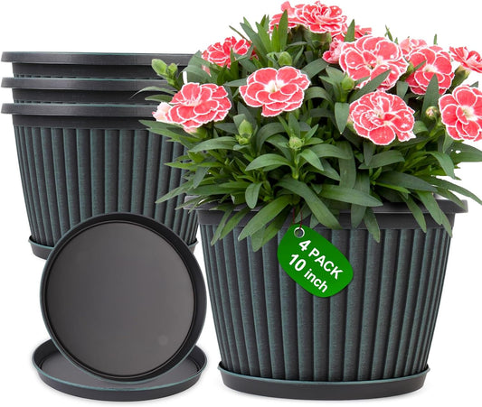10 Inch Planter-Pots-for-Plants-Indoor-Outdoor, 4 Pack Plastic Flower Pots with Saucer & Drainage Holes, Modern Decorative Resin Garden Pots