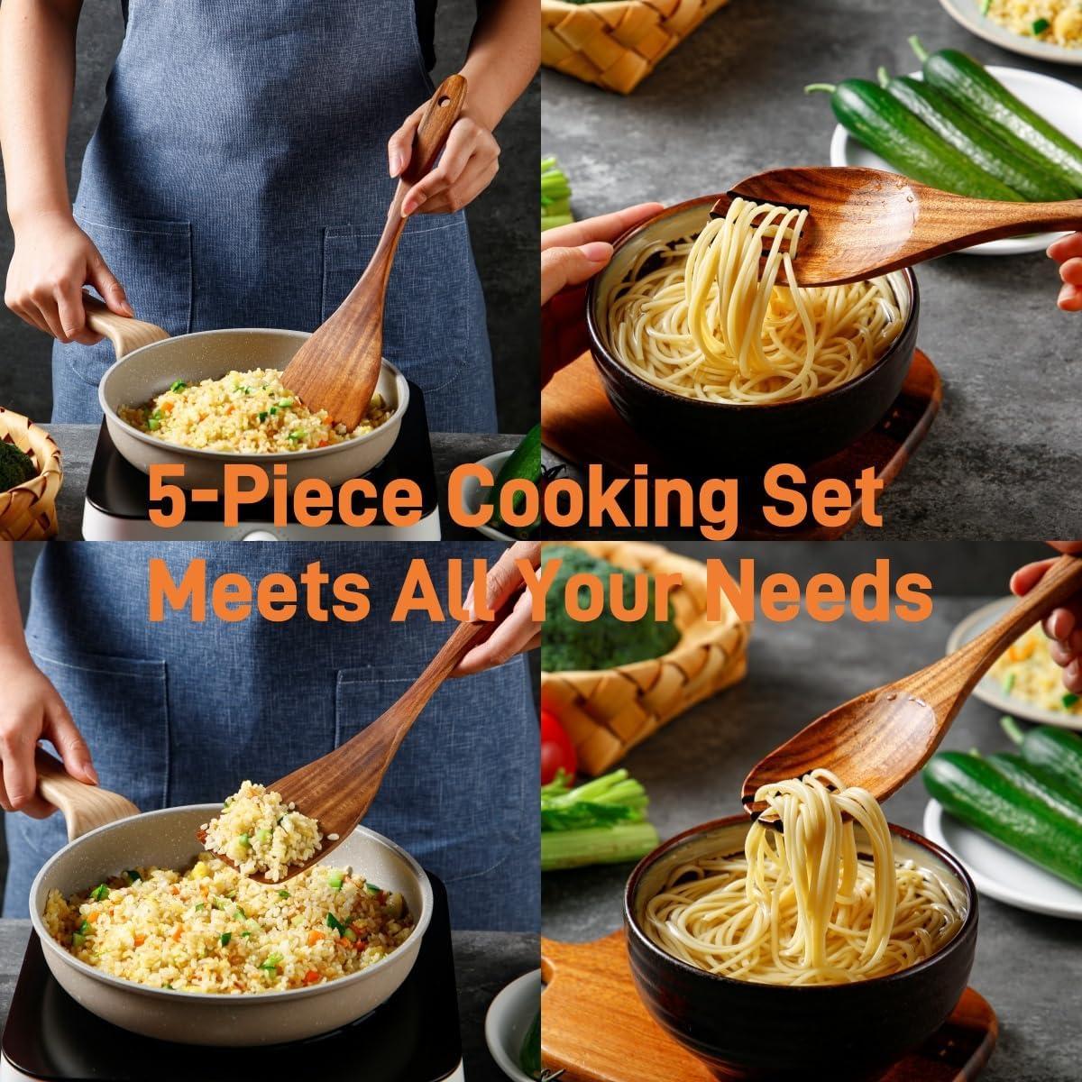 6 PCS Wooden Spoons for Cooking - Teak Wooden Cooking Utensils Set with Holder - Non-Stick, Soft Grip, Ergonomic Design - Natural Finish