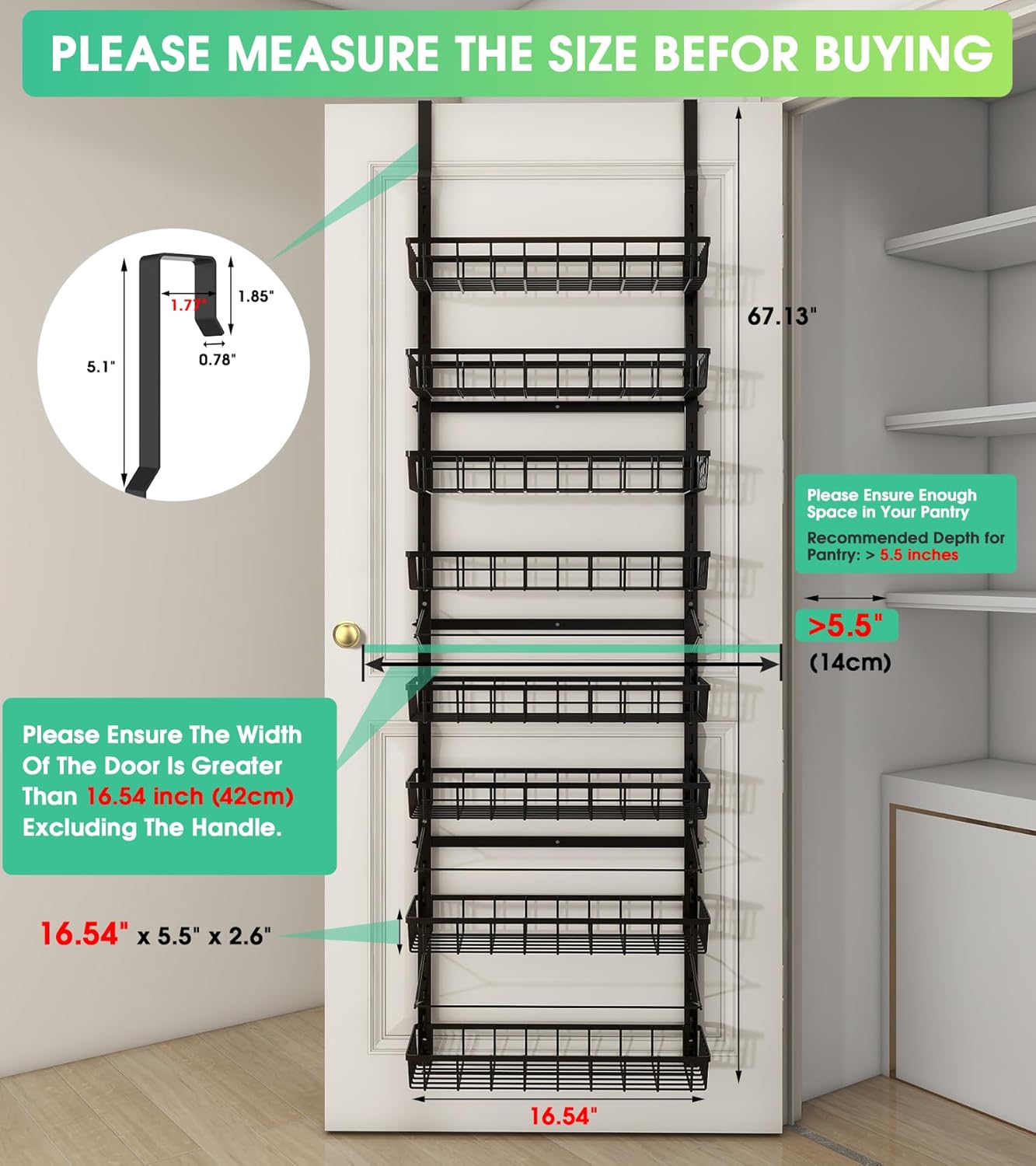 Over The Door Pantry Organizer, Wall Mount Spice Rack, Pantry Hanging Storage and Organization, 8 Adjustable Baskets Heavy-Duty Metal for Home & Kitchen, Back of Door Seasoning Rack - Black