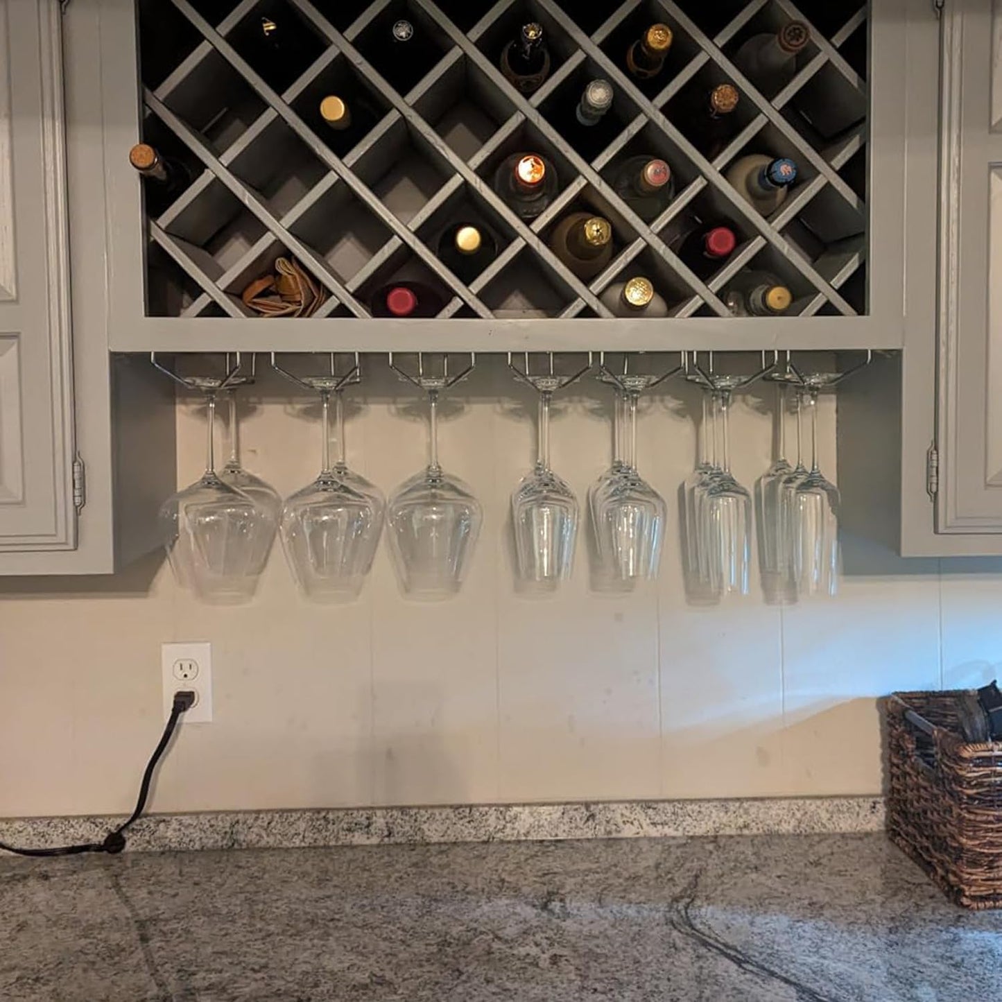 10.8 Inch Wine Glass Rack, Under Cabinet Wine Glass Holder, Wine Glass Hangers Under Shelf, Chrome Finish Stemware Rack, Hanging Stemware Holder for Cabinet Kitchen Bar, Set of 4