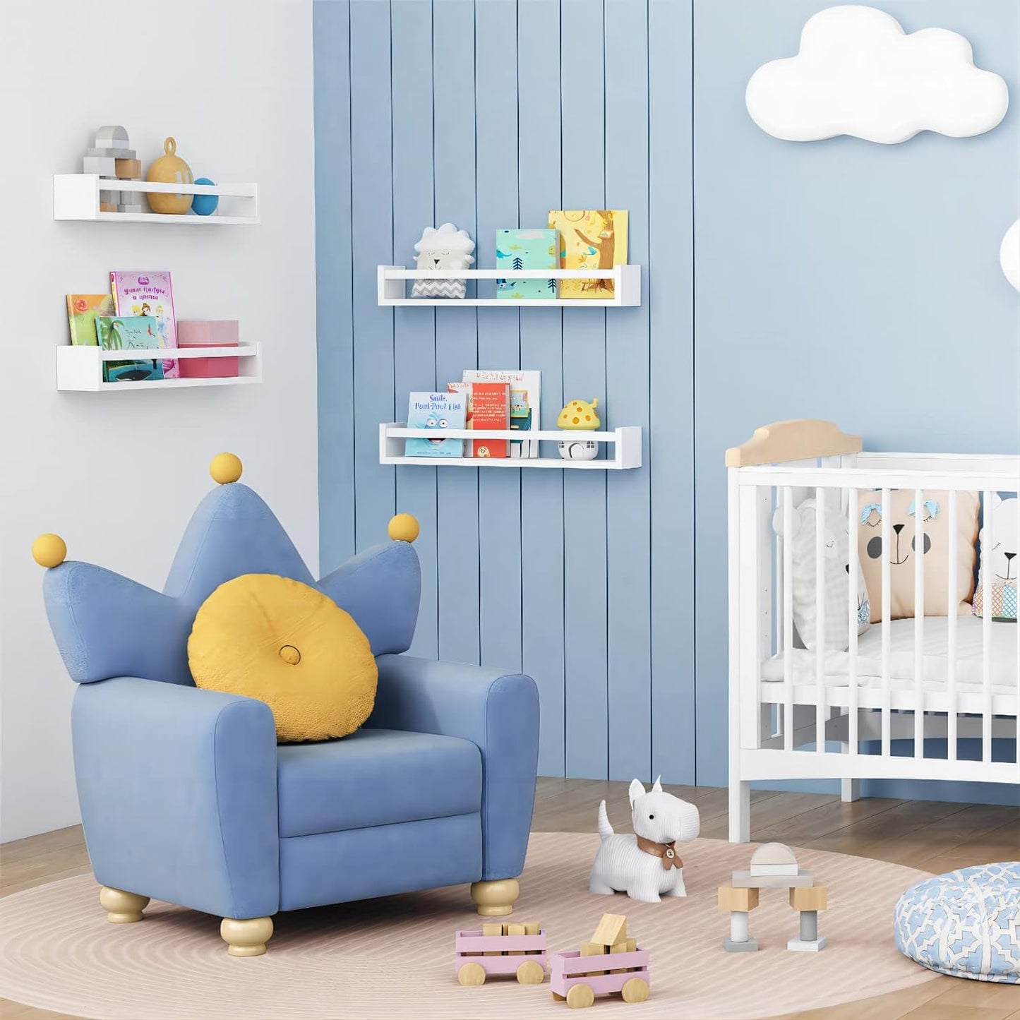 Forbena 24 Inch Wall Bookshelf for Kids Bedroom Set of 4, White Floating Nursery Book Shelves for Baby Toddler Children Girls Boys Room Decor, Large Wood Wall Mount Bookshelves and Toy Storage