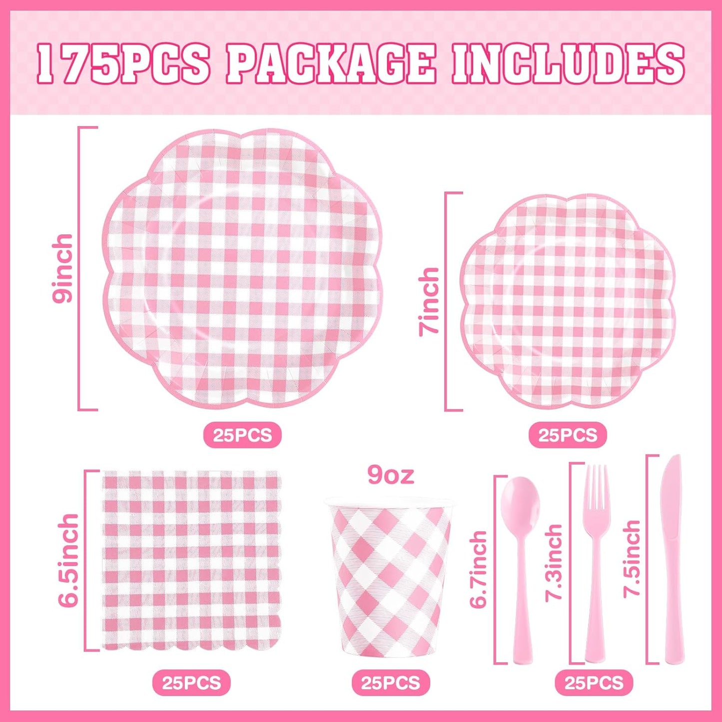 175 Pcs Pink Gingham Plates and Napkins Party Supplies - Pink and White Checkered Plates Sets Serve 25 Guests - Scalloped Gingham Paper Plate for Birthday Wedding Picnic Party Decorations