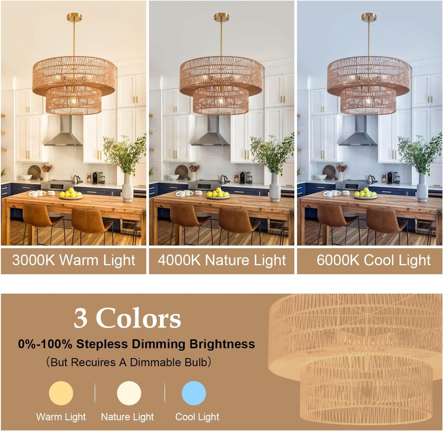 23.62" 6-Light Rattan Farmhouse Chandelier, Boho Large Pendant Light, Large Wicker Chandelier Light Fixtures, Hand Woven Chandeliers, for Dining Room