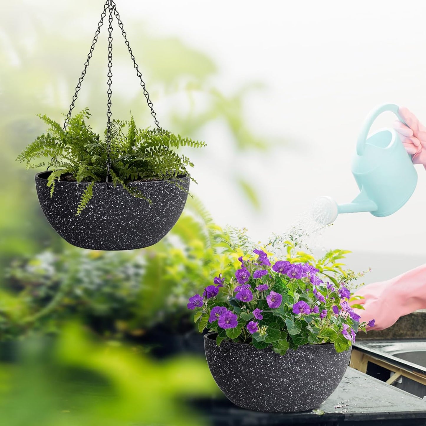 13 inch Large Hanging Planters Plant Pots for Outdoor Indoor Plants with Drainage Holes and Chain, 2 Pack Round Hanging Flower Pots for Garden Home Porch Decor, Speckled Black