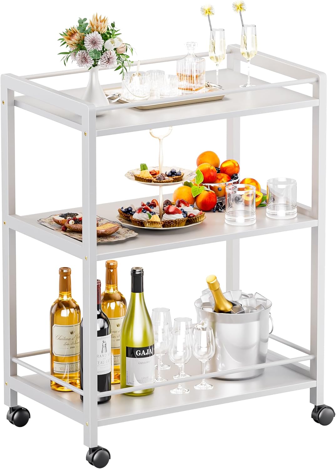 HITNET White Bar Cart, Home Bar Serving Cart, Kitchen Trolley on Wheels with Storage, 3 Tier Rolling Beverage Cart for Living Room Kitchen Home Office