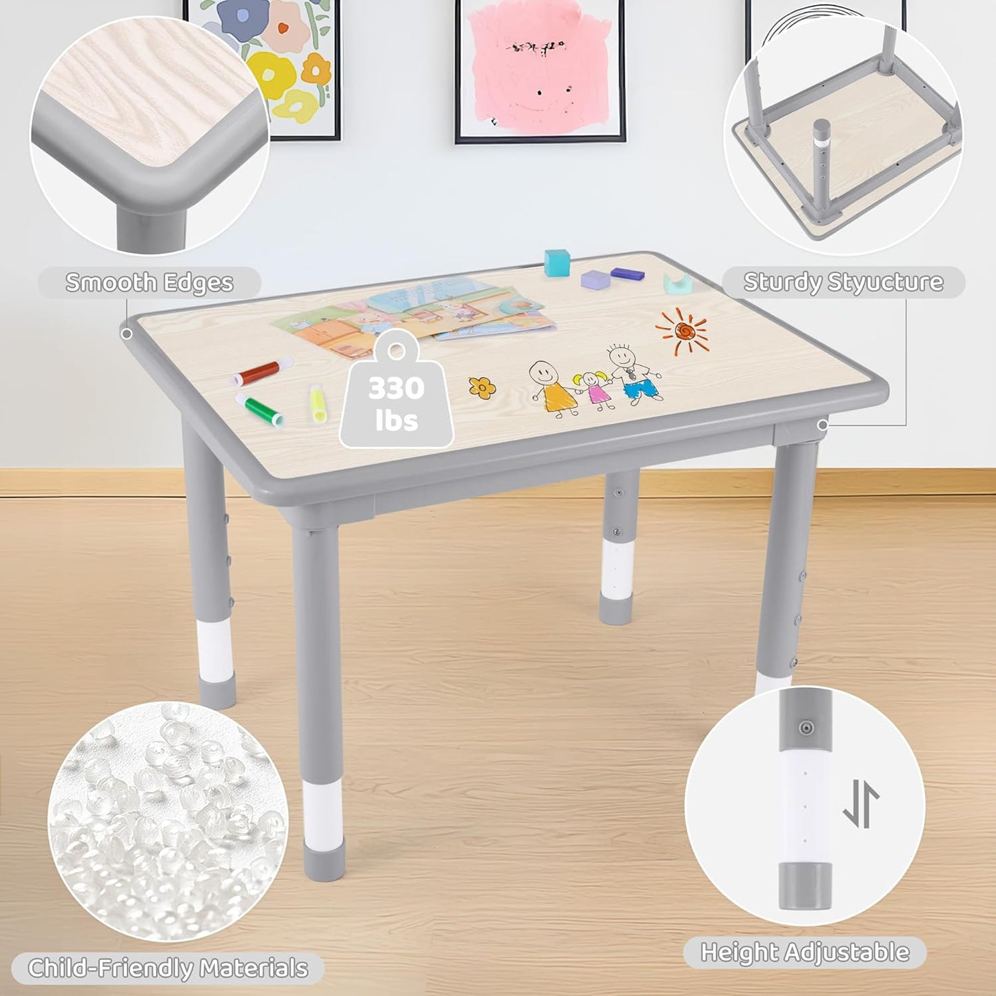 Kids Table and 2 Chairs Set, Height Adjustable (17.7"-26.1") Toddler Table and Chair Set, Multi-Activity Table with Graffiti Desktop, Children’s Table and Chairs for Classroom, Home & Daycare