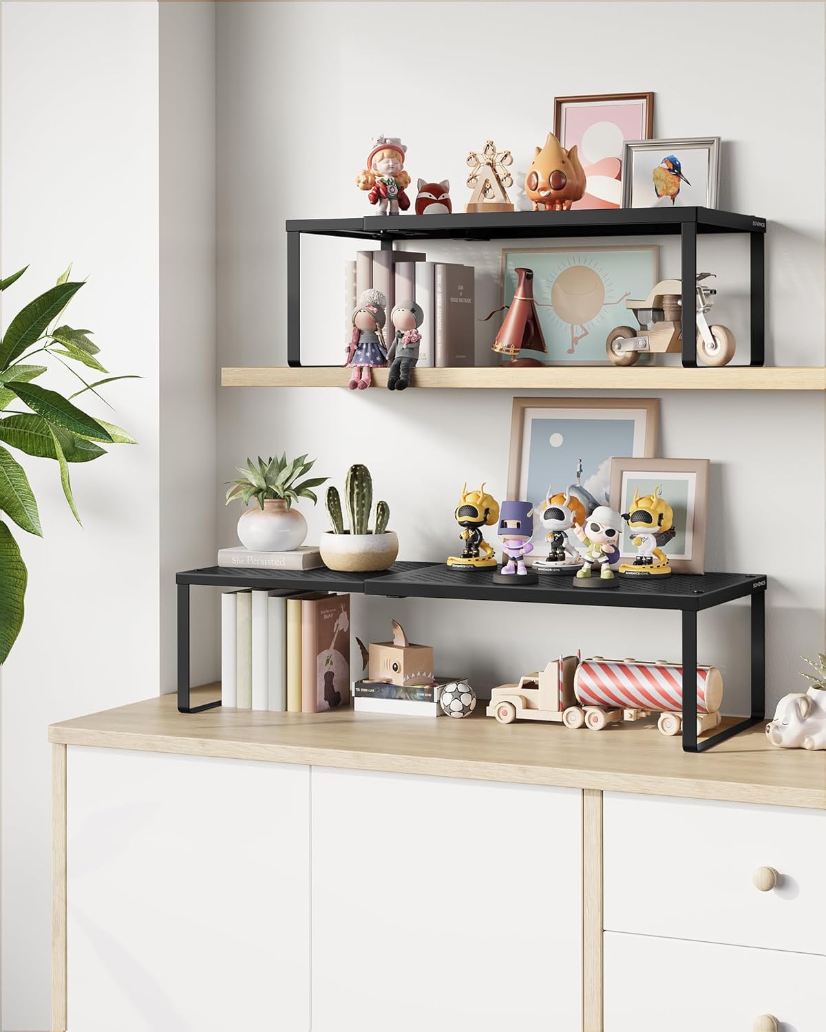 SONGMICS Spice Racks, Set of 2 Expandable Kitchen Countertop Shelves, Small Cupboard Organizers, Metal, Space-Saving Tabletop Shelves, Matte Black UKCS402B01