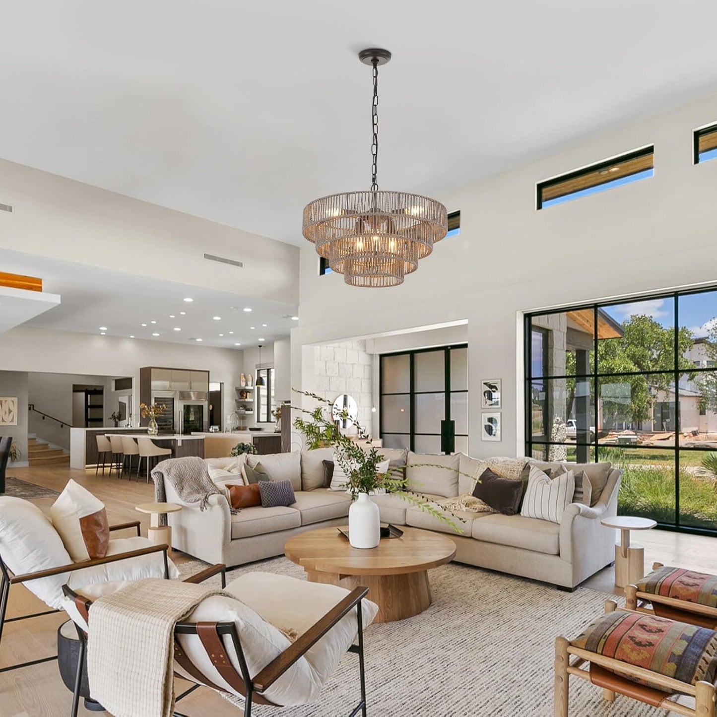 20” Hand-Woven Rattan Chandelier 6-Lights Transitional Minimalist 4 Round Boho Large Coastal Pendant Light for Kitchen Island Dining Room Living Room Hallway, Gray, UL Listed