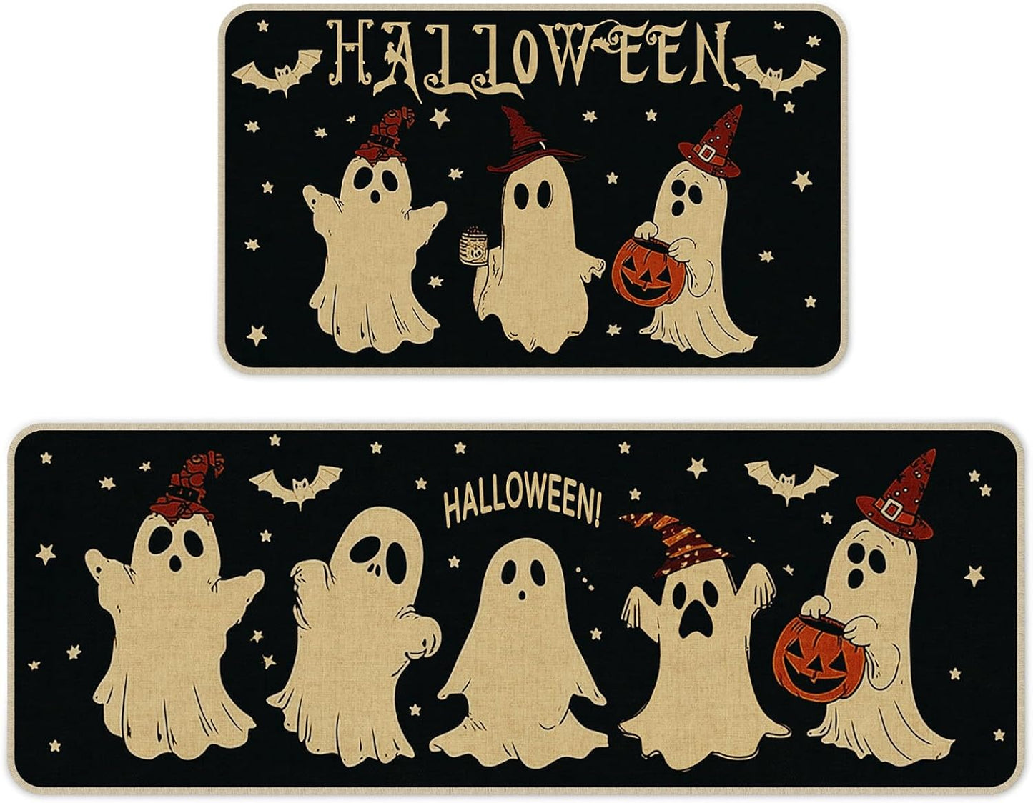 Halloween Kitchen Mat Set of 2, Pumpkin Ghost Bat Halloween Kitchen Decor, Halloween Rug for Floor, Indoor Spooky Home Decor with Non-Slip Backing,17 x 29 Inch & 17 x 47 Inch