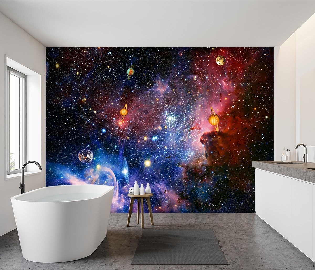 -Galaxy Universe Planet Ceiling Fabric Wallpaper Boys Girls Nursery Starry Sky Children Bedroom Bathroom Large Mural- 137"x96"（ not Peel and Stick）