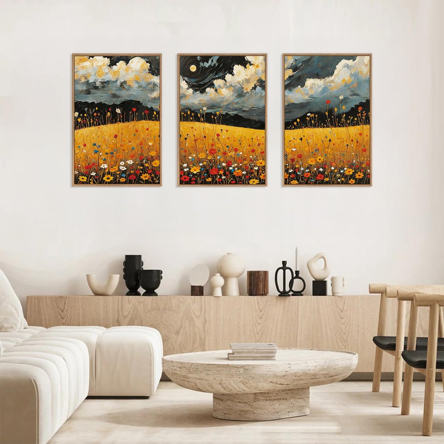 HLNIUC Mystical Moonlight Framed Wall Art Set,Night Moon Wildflower Canvas Wall Decor,Full Moon Mountain Flower Art Print,Large Golden Floral Landscape Wall Painting for Living Room,Office - 16”x24”x3