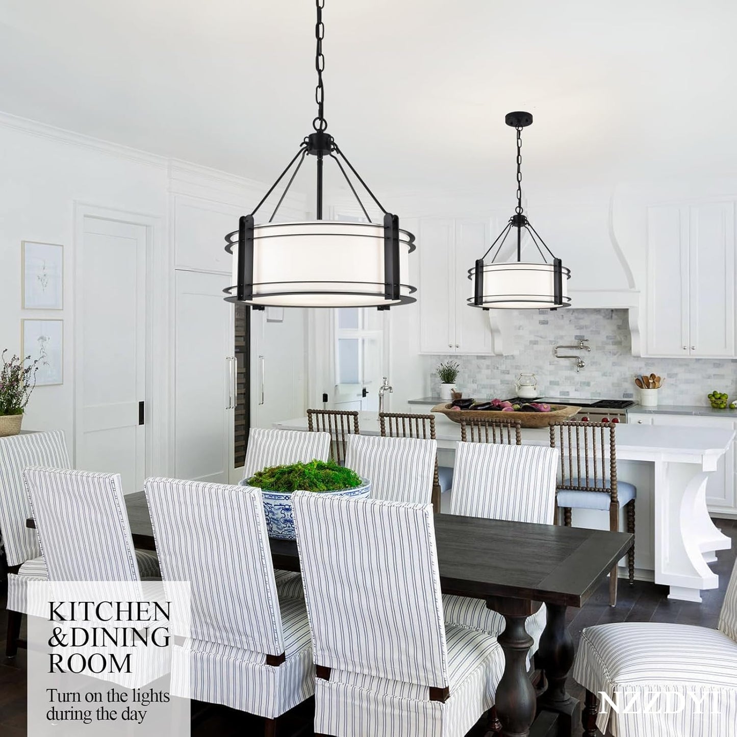 16.3''Black Drum Chandelier 3-Light Modern Farmhouse Chandelier with White Fabric Shade Adjustable Drum Pendant Light Fixture for Dining Room Kitchen Island Hallway Living Bedroom