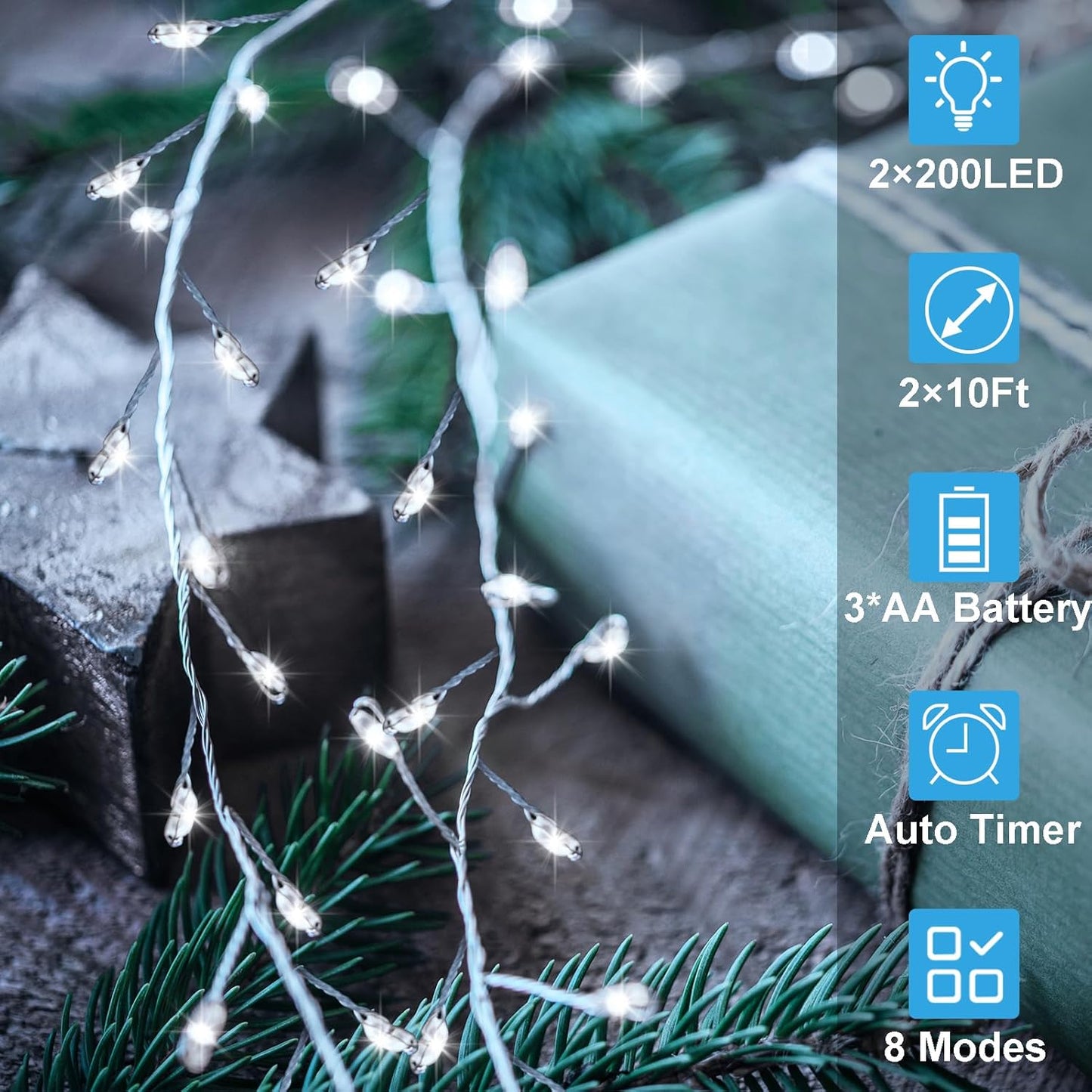 2 Pack Cluster Fairy Lights Battery Operated, Total 20Ft 400 LED Christmas Lights String with Timer 8 Modes Firecracker Fairy Lights Waterproof for Wreath Tree Wedding Gift Decor (Cool White)