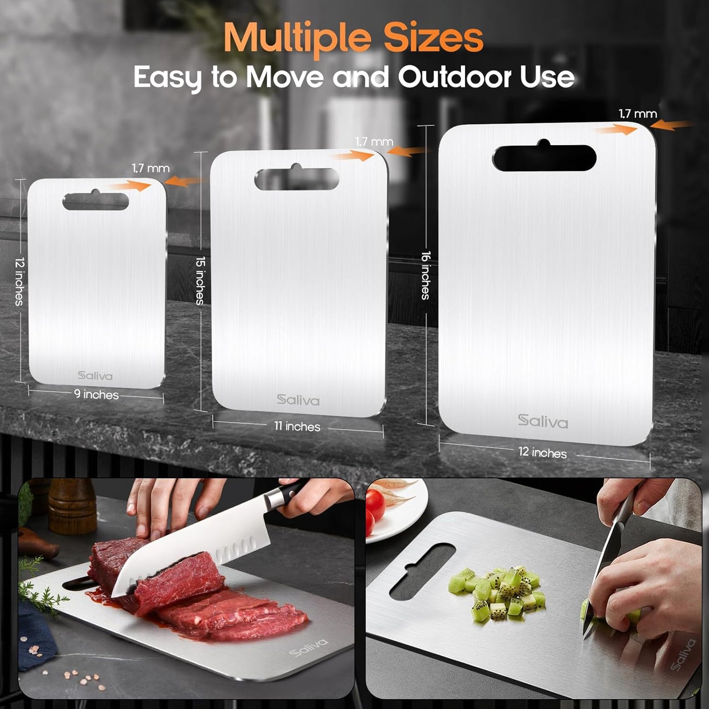 Saliva 3pcs Titanium Cutting Boards for Kitchen, Titanium Cutting Board Set of 3, Non Toxic Double Sided Food Grade, Dishwasher Safe, No Blunt Knife, Chopping Boards with Handle for Meat & Vegetable
