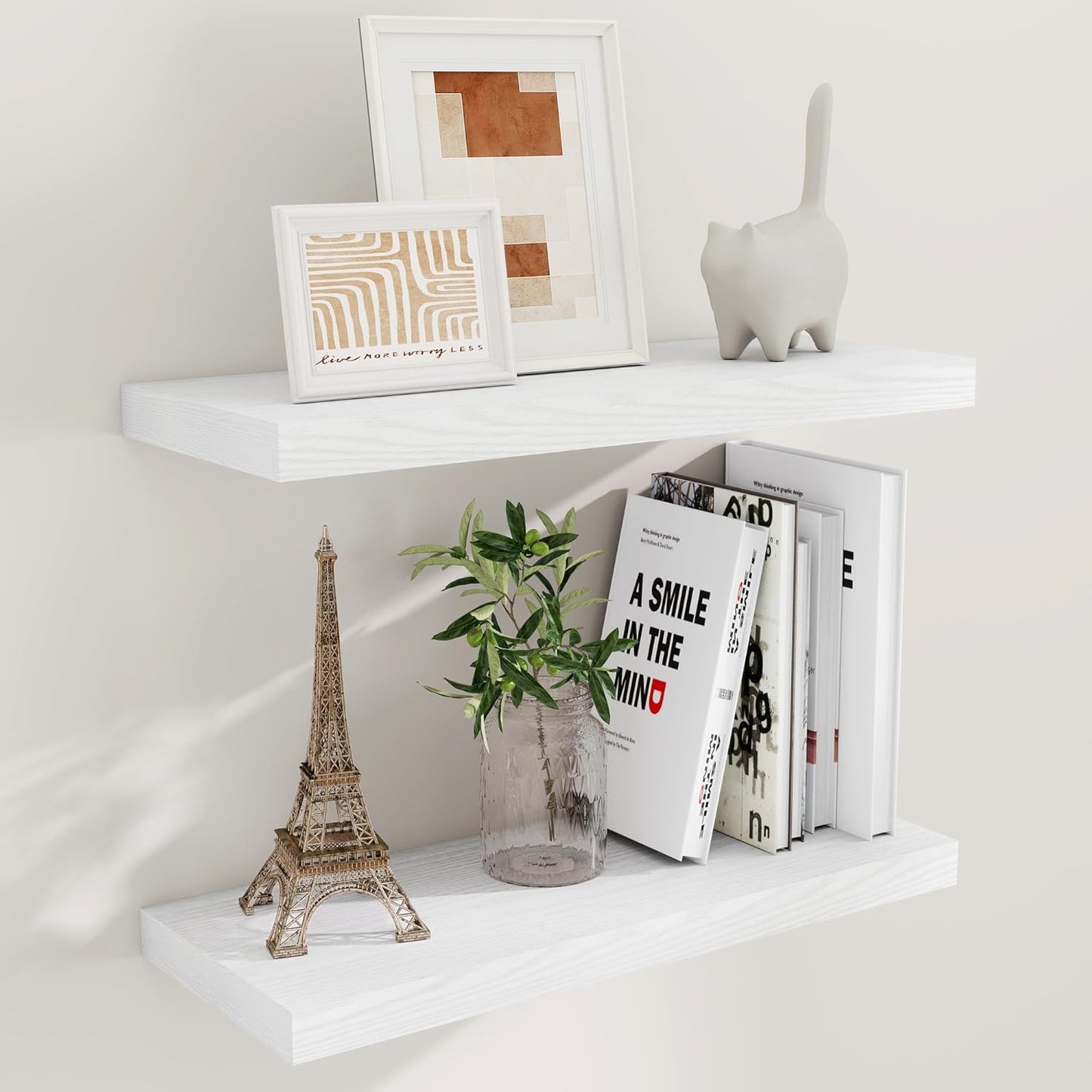 24 Inch Floating Shelves, Rustic 24 x 9 White Floating Shelf for Wall, White Bathroom Shelves Set of 2, Farmhouse Wood Wall Shelf for Bedroom, Kitchen, 9 Inch Deep Shelves for Home Storage