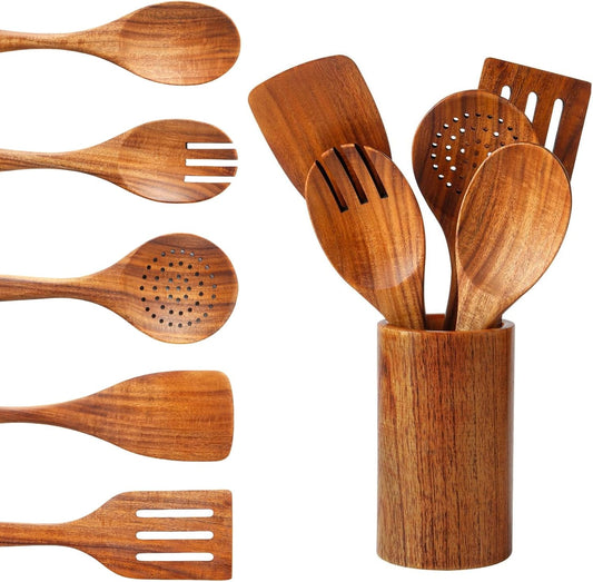 6 PCS Wooden Spoons for Cooking - Teak Wooden Cooking Utensils Set with Holder - Non-Stick, Soft Grip, Ergonomic Design - Natural Finish