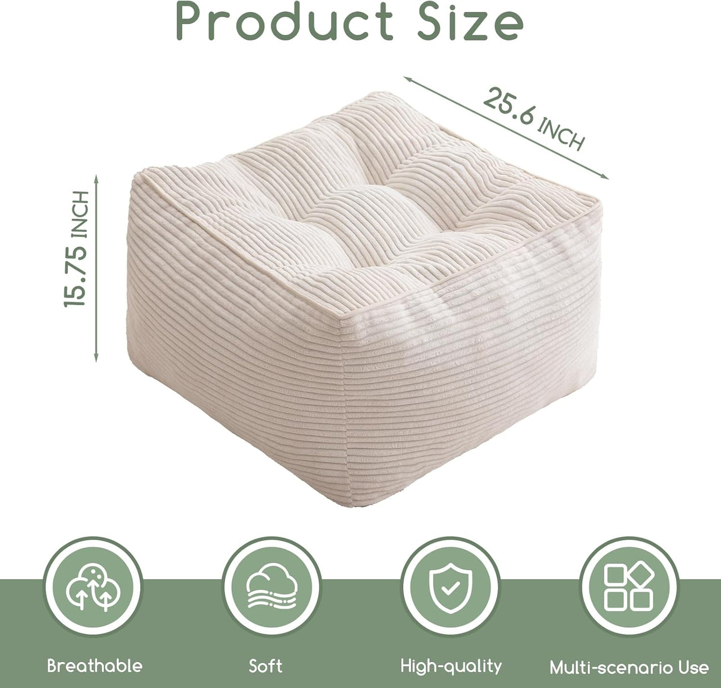 HIGOGOGO Square Stuffed Pouf Ottoman, Corduroy Poufs with Foam Chunk Filling, Furry and Fluffy Pouf Foot Stool Storage Ottoman, 25.6 X 25.6 Floor Poufs Foot Rest for Living Room, Beige