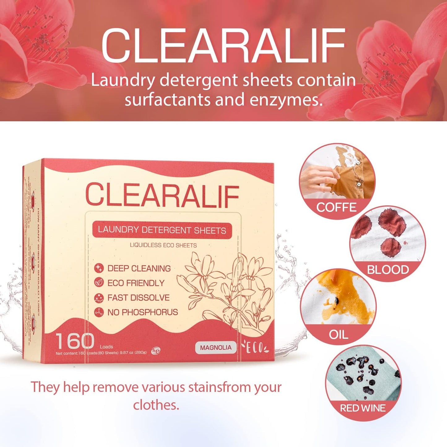 Laundry Detergent Sheets Up to 160 Loads, Magnolia - Great For Travel,Apartments, Dorms,CLEARALIF Laundry Detergent Strips Eco Friendly & Hypoallergenic - 80 Sheets
